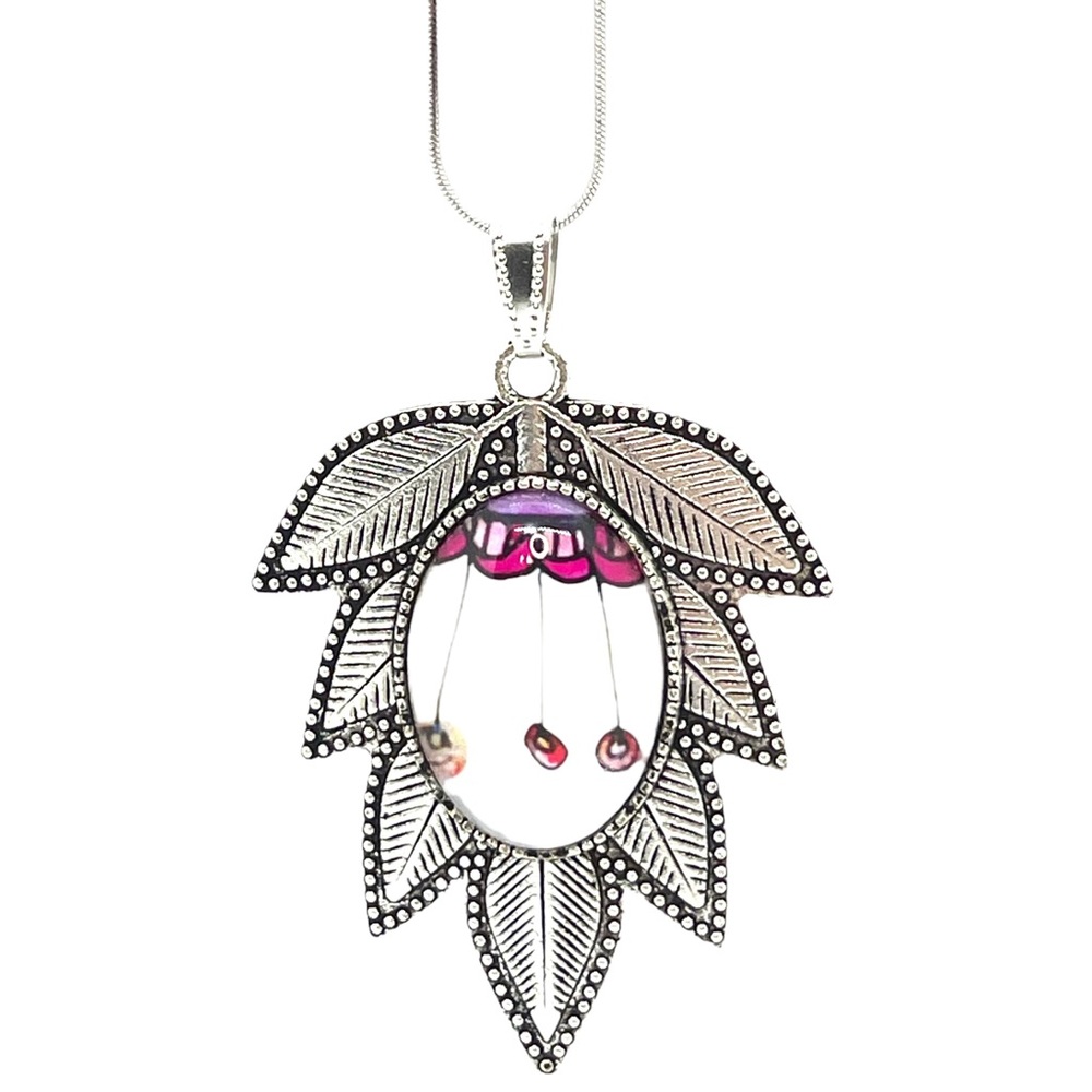 Leafy Lavender Flower Necklace, Bohemian Flower Pendant, Antique Boho Jewelry